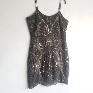 ENDLESS ROSE, GLITTER SILVER, BLACK BEAD & SEQUIN MINI DRESS, SIZE US L